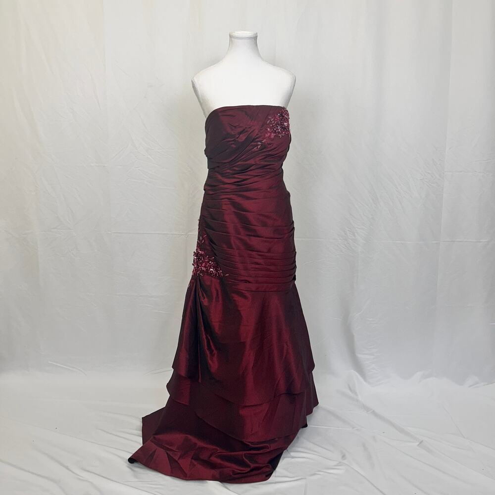 Jovani Burgundy Evening Gown Prom Dress Maxi Strapless Ruched Beaded Size 14